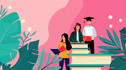 Education for all, diverse students learning together, flat design illustration