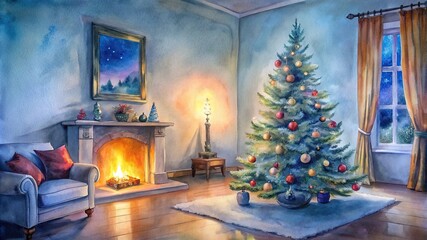 Cozy Christmas living room with Christmas tree and fireplace.
