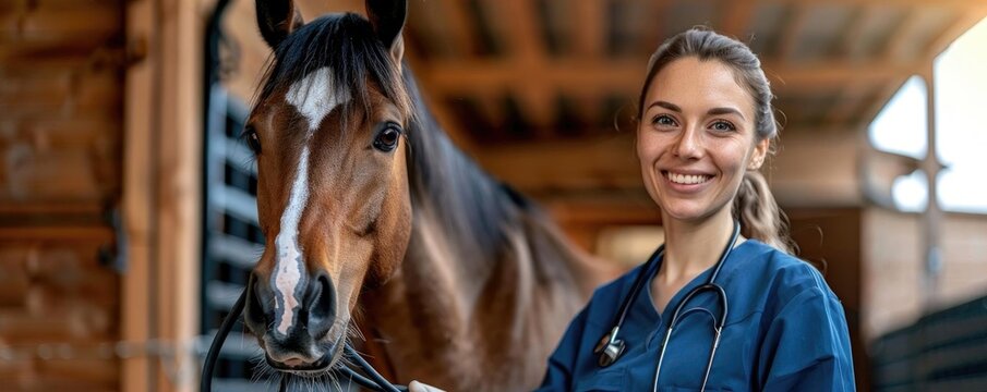 Young female veterinarian with a stethoscope examines a horse in a stable, demonstrating animal care and veterinary services.