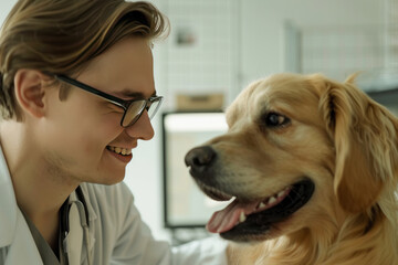 young male doctor treating a dog at hospital