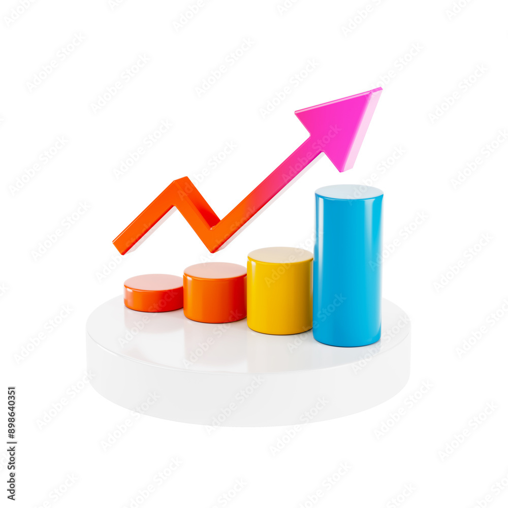 Poster graph bars going up with arrow. 3d rendering