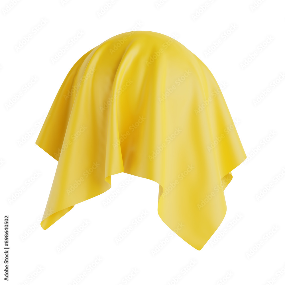 Poster surprise, award or prize concept. hidden object covered with yellow silk cloth in clay style. 3d ren