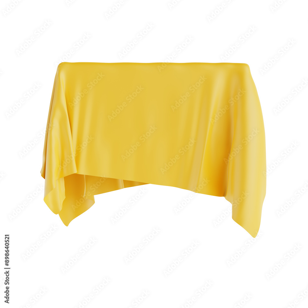 Aufkleber surprise, award or prize concept. hidden object covered with yellow silk cloth in clay style. 3d ren