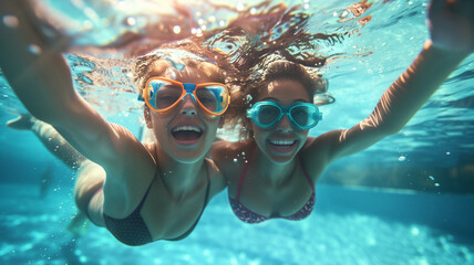 Fototapeta premium friends snorkeling underwater, smiling and having fun in the clear blue ocean during a sunny summer vacation.