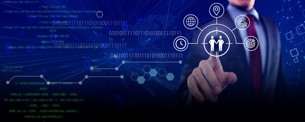 A businessman presents a global partnership concept, showcasing interconnected icons and strategies for business collaboration.