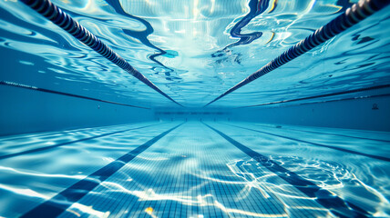 Underwater view of a clear swimming pool with lane dividers and sunlight reflecting on the water.