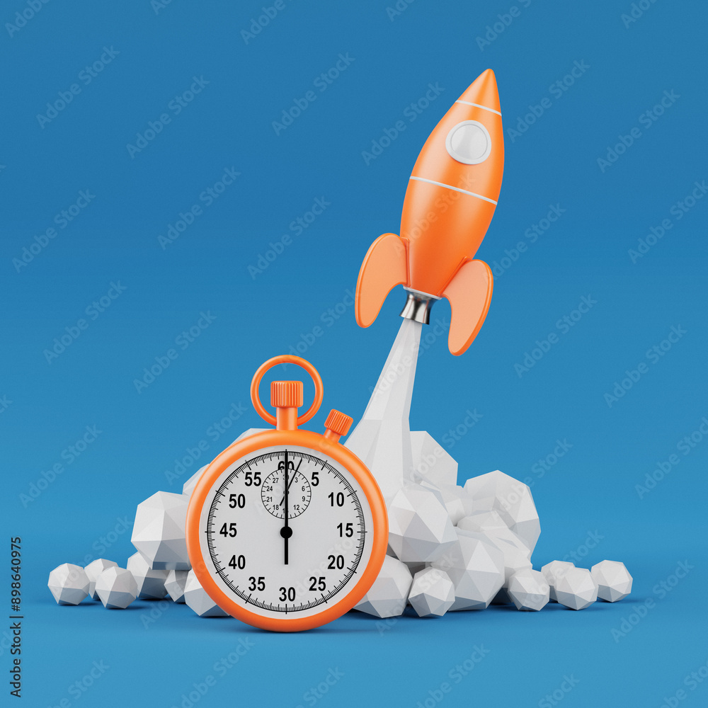 Poster startup concept. toy rocket takes off spewing smoke with stopwatch. 3d rendering