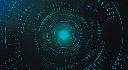 Bright colorful circular spiral. Abstract digital background. Colorful dotted spiral swirls circles. Glowing tunnel background. Futuristic lens. 3d vector illustration