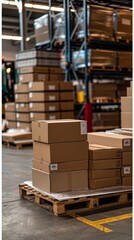 A warehouse filled with stacked cardboard boxes on pallets, highlighting organized logistics and inventory management in a commercial space