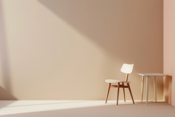 A simple white chair with wooden legs sits beside a white table in a room with light beige walls. Sunlight streams in from a window, casting a long shadow across the floor. Generative AI