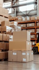 A warehouse scene featuring stacked cardboard boxes on a wooden floor, with shelves filled with more boxes in the background and a forklift nearby