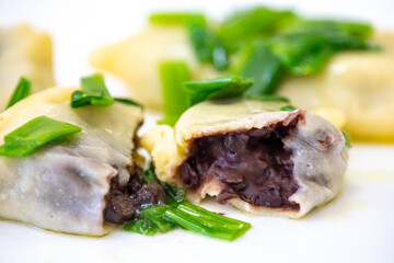 Traditional Ukrainian food known as perohê, stuffed with black beans
