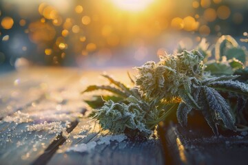 A close-up of frosted cannabis leaves on a wooden surface, illuminated by warm sunlight, creating a serene winter atmosphere
