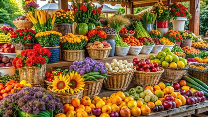 A stall with fall vegetables and produce. Bright colorful flowers and fruits. Appetizing