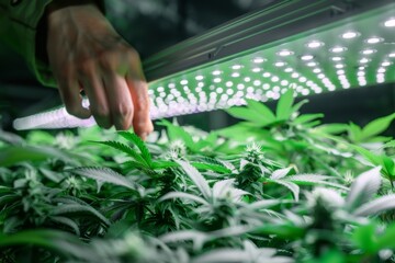 A person tending to cannabis plants under bright LED lights in a grow facility, showcasing the care involved in modern cultivation techniques