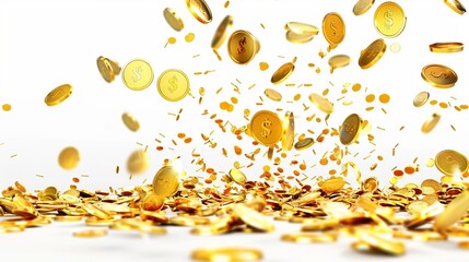 a pile of gold coins falling into the air