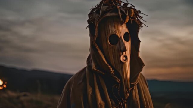 Bizarre Slavic or Nordic shaman in a strange long wooden mask with ritual fire burning behind on the fields on sunset. Fantasy folklore cinematic clip.