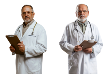 doctor with white coat, holding medical clipboard isolated on transparent or white background