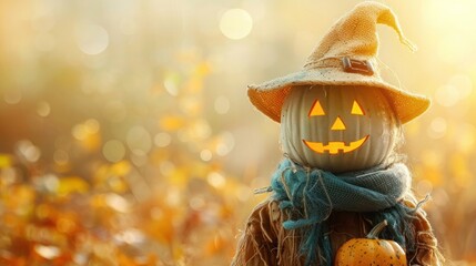 Naklejka premium Festive Halloween scarecrow with a glowing pumpkin head in an autumn field, perfect for seasonal celebrations and spooky decorations.