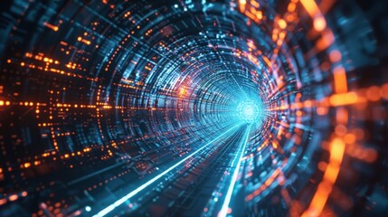 Obraz premium Futuristic digital data tunnel with vibrant blue and orange lights, symbolizing technology, innovation, and fast communication.