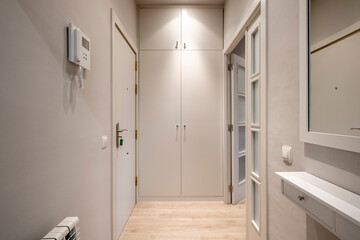 A bright hallway in a modern home boasting ample storage through built-in closets, a main entrance door, and modern finishes, creating a welcoming ambiance.