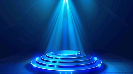 a stage with blue lights and steps