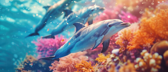 Vibrant underwater scene featuring playful dolphins swimming among colorful coral reefs and bubbles in crystal-clear waters.