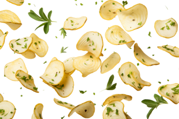  garlic and herb chips flying in the air with transparent background high quality image