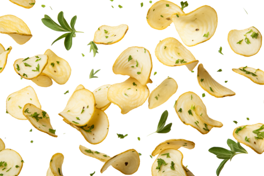  garlic and herb chips flying in the air with transparent background high quality image