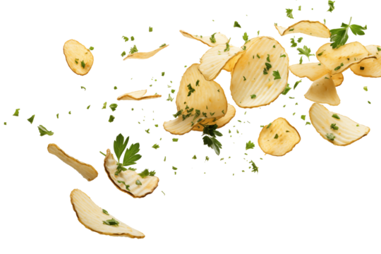  garlic and herb chips flying in the air with transparent background high quality image 