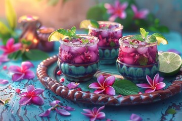 Refreshing berry cocktails with flower garnish in a tropical setting vibrant and cool representing summer and relaxation detailed and inviting