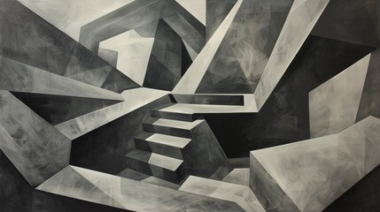 Monochrome abstract painting featuring geometric shapes and stairs