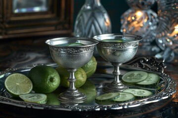 Fresh limes and mint in a vintage silver bowl vibrant and cool representing tradition and freshness detailed and elegant
