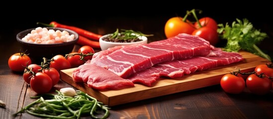Raw Steak with Vegetables and Spices Ready for Cooking