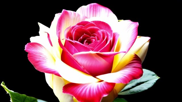 A close up of a single white rose bud blooming on a black background. The petals are slowly opening, revealing the delicate yellow center.