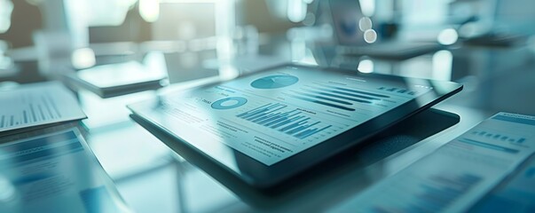 Digital tablet with business analytics in a sleek modern office setting