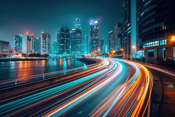 Fototapeta premium Cityscape with highway traffic trails leading to modern illuminated skyline at night