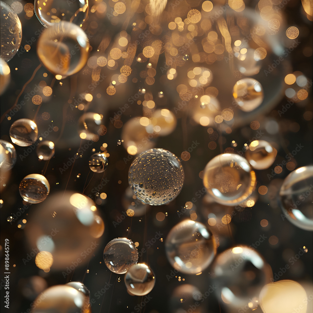 Aufkleber Abstract image featuring golden bubbles floating against a dark background, illuminated by warm light creating a magical atmosphere.