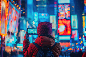 Fototapeta premium Young woman taking photos of times square with mobile phone at night