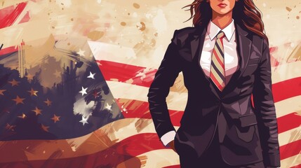 Fototapeta premium Illustration of a brunette woman in a suit with the USA flag in the background. voting concept in the united states