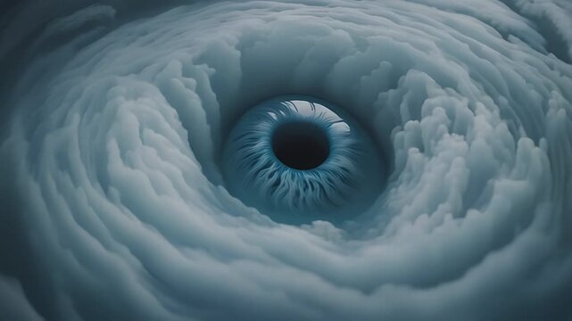Eye of the storm. Symbolic image showing a giant eye inside a hurricane swirling cloud vortex. High quality 4k footage