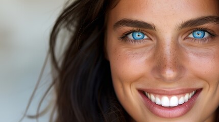 A woman with blue eyes and a smile. She has a lot of hair and her eyes are open wide