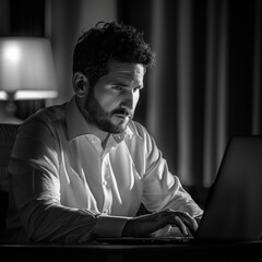 Businessman Focused on Laptop in Home Office,  stressed, concerned.