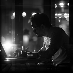 Professional Man Working on Laptop in Dimly Lit Office, late night long hours.