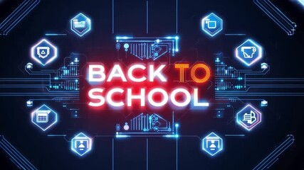 A digital technology design with Back To School in neon red and orange text and icons. - Powered by Adobe