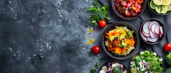 Vibrant fruit and vegetable salads in bowls on a dark background with lime and radish. Carrots,...