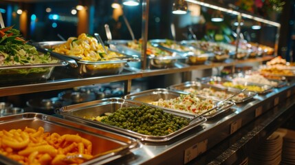 Fototapeta premium Hotel buffet setup with colorful dishes in stainless steel trays under warm lamps. Busy dining area with people enjoying meals, creating a lively atmosphere.
