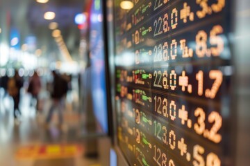 Digital Currency Exchange Board Displaying Live Rates at Busy Airport Terminal