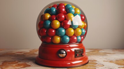 Classic red gumball machine dispensing colorful gumballs with a miniature house inside on a marble countertop