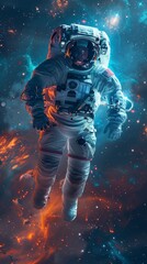 An astronaut in a space suit floats in outer space against a starry backdrop with a clear helmet, bright orange, blue stars, and colorful nebulas, highlighting the vastness of the galaxy.